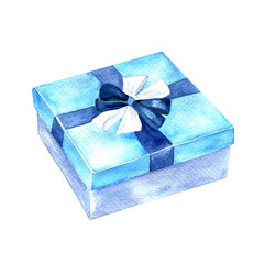 watercolor illustration. hand drawing. white background. one blue square box with gift ribbon.