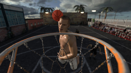 Basketball player jumped high and rough slam dunk rim view 3d render © bekirevren