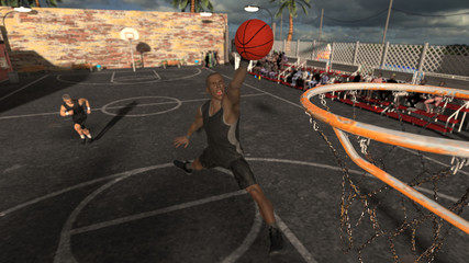 Streetball game greatest dunk while fans are viewing outdoor basketball game 3d render © bekirevren