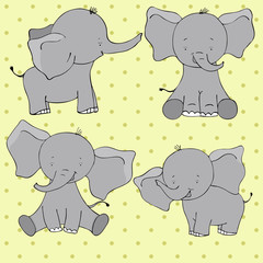 Set of four cute cartoon elephants isolated on yellow background.