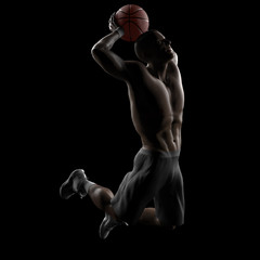 Slam dunk two handed, basketball player facing toward hoop black background 3d render