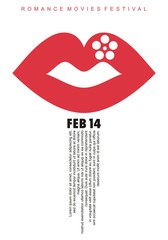 Romance movies festival minimal poster design with red woman lips and film roll symbol in negative space. Cinema poster for Valentines day event. Simple conceptual vector illustration symbolizing love
