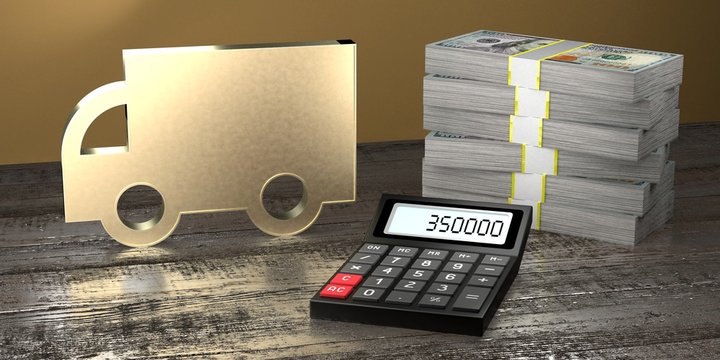 Truck shape, money, calculator - sale/ insurance concept - 3D rendering