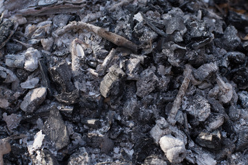 Pile of black details coal/carbon texture. Industrial or nature background. Coals after a fire - heat for barbecue.