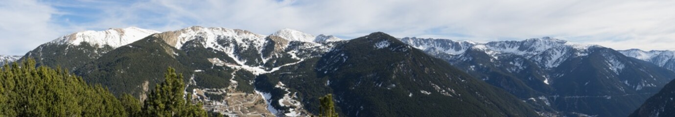 Panoramic views of a snowy valley in Andorra