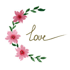 valentine's day floral card with pink flowers and hand written love word, watercolor floral design for valentine or mother day