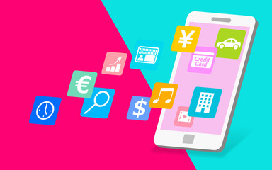 スマートフォンとアプリアイコンイメージ-ネオンカラー背景