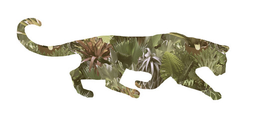 Wild cat silhouette isolated on white background with tropical flowers and leaves.
