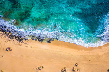 Fuerteventura. Vulcano Beach. Waves. Top View of a drone at the Bay. Spain