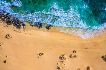 Fuerteventura. Vulcano Beach. Waves. Top View of a drone at the Bay. Spain