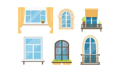 Different Types of Windows Vector Set. Glass Exterior Element Collection