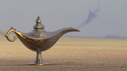 Three wishes from lamp of aladdin in desert 3d render