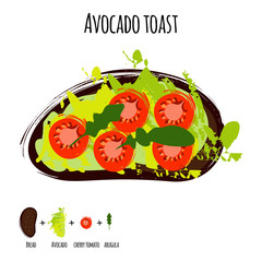 Vector illustration avocado hummus toasts with tomatoes