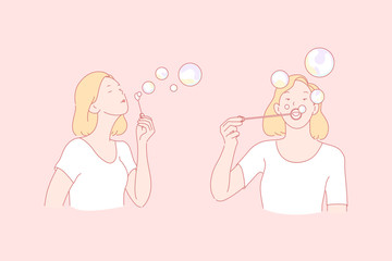 Making soap bubbles, childish plaything, entertainment concept