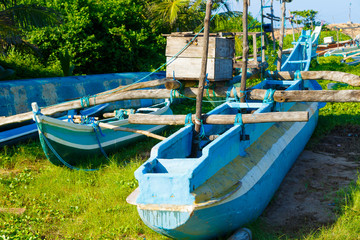 fisherman boats on shore in Rajgama Wella, Galle, Sri Lanka