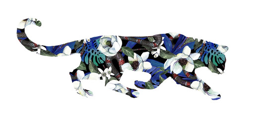 .Wild cat silhouette isolated on white background with tropical flowers and leaves.