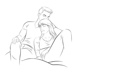 Cute love couple sitting on a chair. A good relationship in a happy fallen in love couple. Happy valentine or love in winter concept. vector illustration isolated cartoon hand drawn