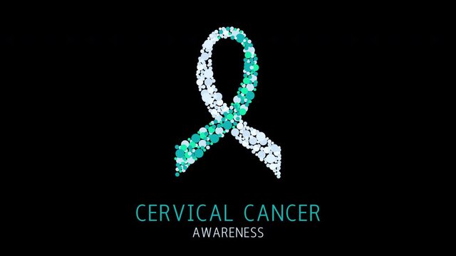 Cervical cancer awareness animation with white and teal ribbon made of dots on green background. Ovarian cancer disease. Medical concept. Seamless loop motion graphics with alpha channel.