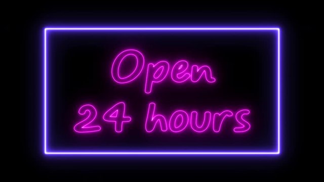 Open 24/7 hours neon sign fluorescent light glowing on banner background. Text by neon lights sign in night. The best stock neon Open 24 hours flickering, flash, blinking on black background