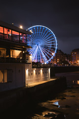 San Sebastian's pier ferris wheel with the lights on after twilight