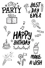 Vector illustration of Happy Birthday badge set. Design elements with lettering text for greeting cards, banner, print. Cake, candle, gift, balloon and other elements isolated on white background