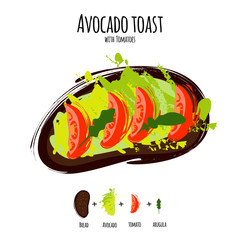 Vector illustration avocado hummus toasts with tomatoes