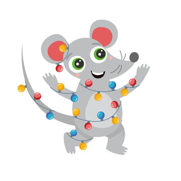 Christmas cute mouse dancing, smiling, in a garland of light bulbs, with big eyes. flat cartoon vector illustration.