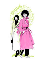 Two fashionable woman walking together
