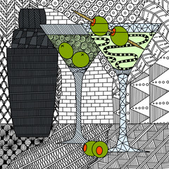 martini glasses with olives and shaker in the style of zenart, doodle, zentangle, black and white still life, printable, wall art
