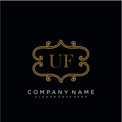 Initial letter UF logo luxury vector mark, gold color elegant classical