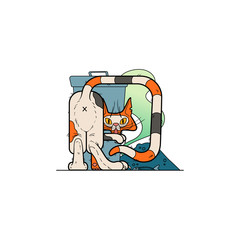 Lazy cute funny cat in the trash stock vector illustration isolated on white background. Street cat in outside illustration for coloring book. Cat in trouble colorful vector illustration.