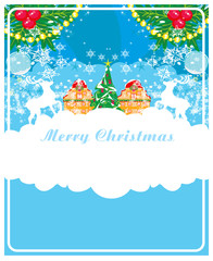 Abstract Christmas card - reindeers and snowy holiday city