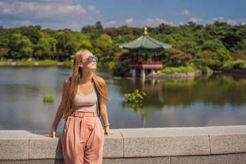 Woman tourist in korea. Korean palace grounds in Seoul, South Korea. Travel to Korea concept