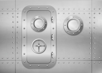 Metal door and porthole on wall in submarine, ship or spacecraft. Vector realistic interior of bunker or laboratory with window and closed stainless entrance with rotary valve lock wheel