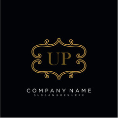 Initial letter UP logo luxury vector mark, gold color elegant classical