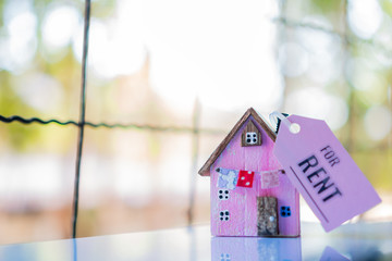 Miniature Home for rent mortgage of fee concept: DIY pink model Driftwood with tag paper 