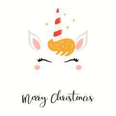 Hand drawn card of cute unicorn face with sugar cane horn, stars, text Merry Christmas. Vector illustration Isolated objects on white. Flat style design. Concept for holiday print, invite, gift tag.