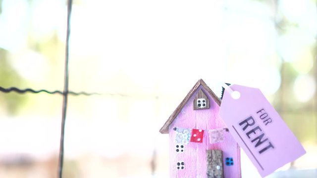 Miniature Home for rent mortgage of fee concept: DIY pink model Driftwood with tag paper "For Rent" indicate for needs of renting house for people who do not have homeowner,real estate investment idea