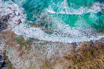 Fuerteventura. Vulcano Beach. Waves. Top View of a drone at the Bay. Spain
