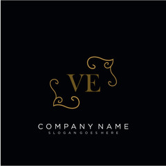Initial letter VE logo luxury vector mark, gold color elegant classical
