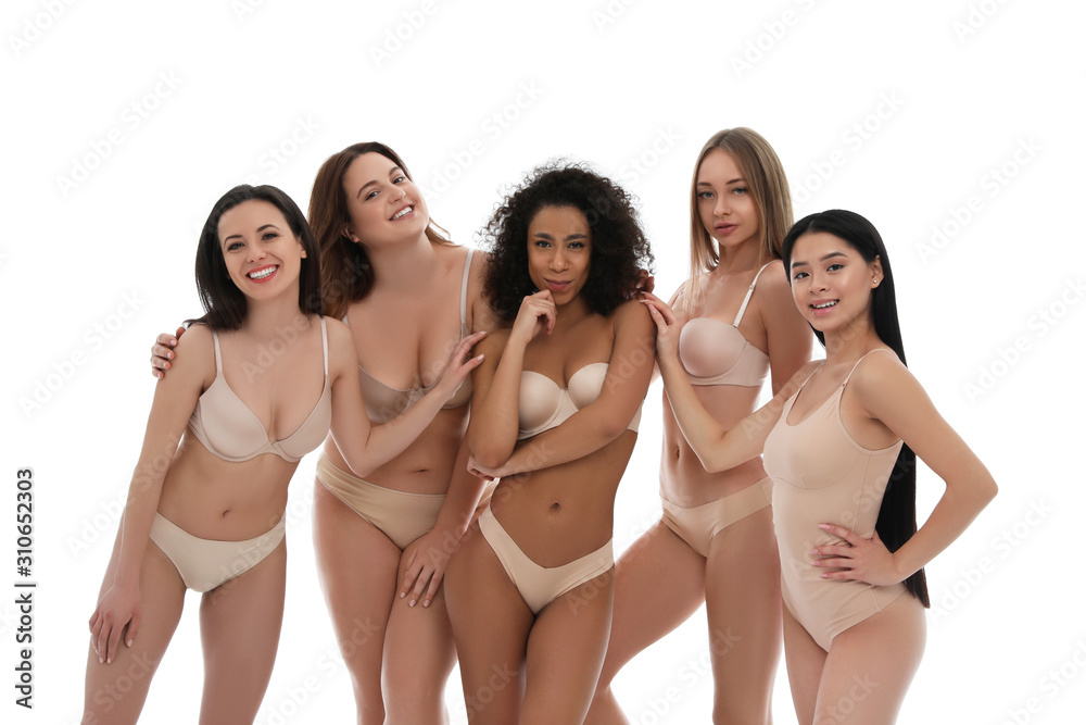 Wall mural group of women with different body types in underwear on white background - Wall murals
