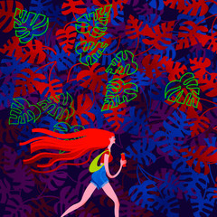 woman with red hair walking in tropical forest