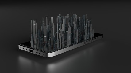 3D Rendering of mobile phone with small dimension skyscraper city buildings on glass screen surface.  Concept of smart city, 5G technology, business leading and competitive