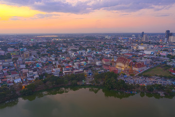 Aerial view Khon Kaen province with Wat That at bueng kaen nakhon lake in Thailand