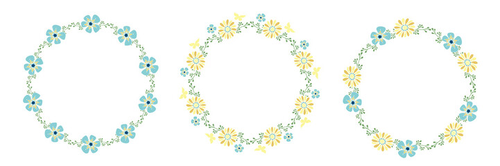 Vector round frame with place for text.Set of flower wreaths on white background.Hand drawn.