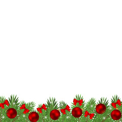 Christmas tree branches decorated with balls and red bows isolated on a white background.