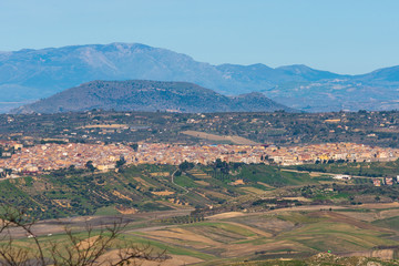 View of Barrafranca with the Madonie Mountains from Mazzarino, Caltanissetta, Sicily, Italy, Europe