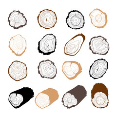 Tree rings. Set of cross section of the tree. Line art. Set of wood logs for forestry and lumber industry. Illustration of trunks, stump and planks.