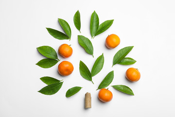 Composition with fresh green citrus leaves and tangerines on white background, top view