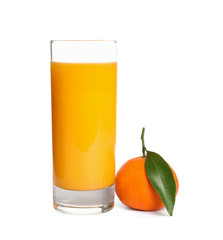 Fresh tangerine and glass of juice isolated on white